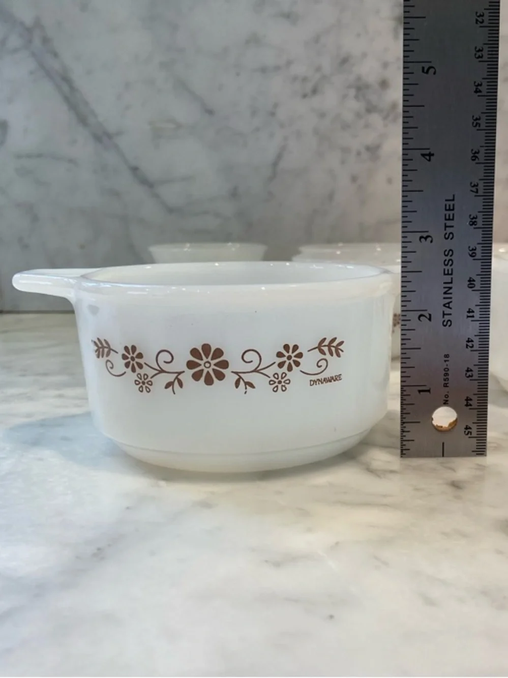 Set of Vintage Dynaware Pyr-O-Rey White Milk Glass Bowls w/Brown Floral Design - Picture 6 of 8